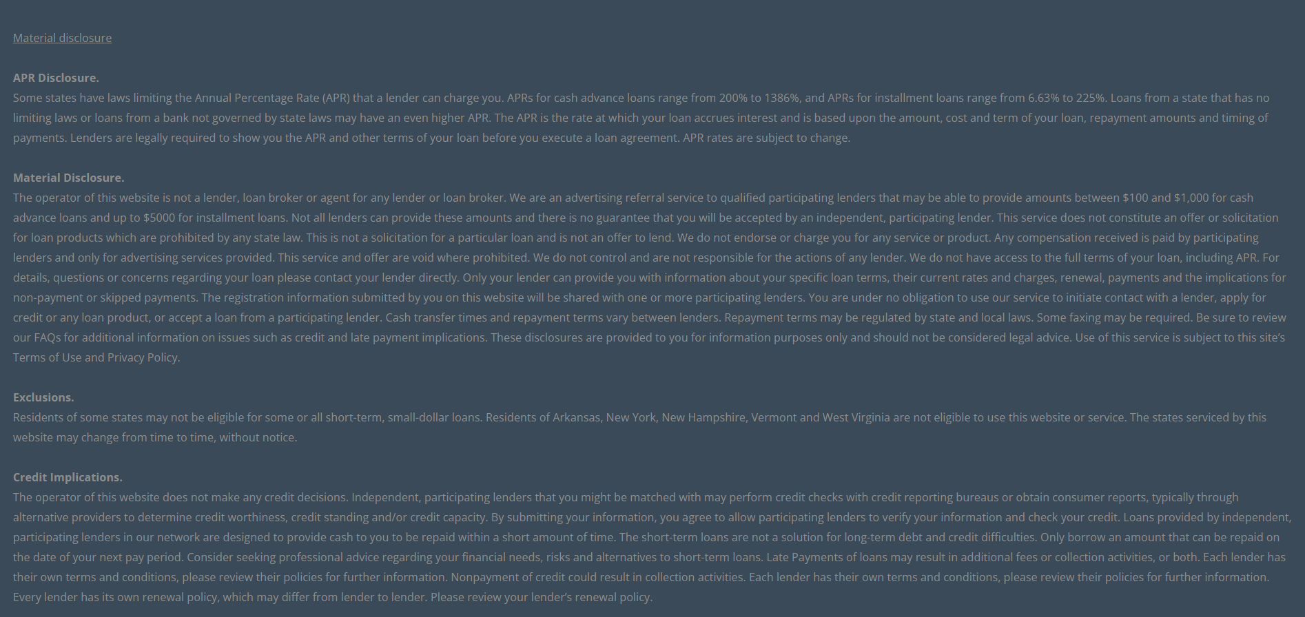 Material disclosure for payday loans in Toledo Ohio